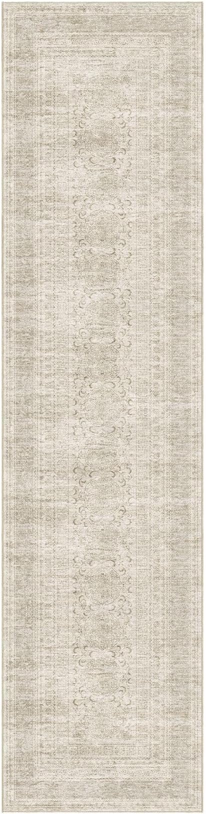 Nakagishi Washable Runner Rug 2x8: Vintage Neutral Non-Slip Entryway Rug for Hallway & Kitchen, Soft Low Pile Floor Carpet for Bedroom - Beige Gray