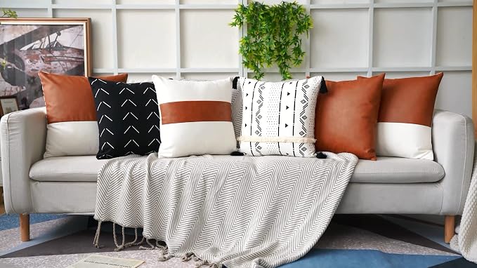 Tosewever Boho Geometric Throw Pillow Covers 18 x 18 Set of 4, Modern Stripe Farmhouse Decorative Faux Leather Cotton Pillowcase for Bedroom Living Room Couch Bed Sofa Home (Black/White, 18" x 18")