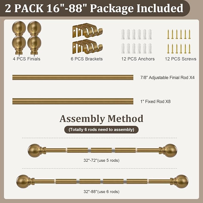 2 Pack Warm Gold Curtain Rods for Windows 48 to 84 Inch 1" Diameter | Adjustable Heavy Duty Brass Window Curtain Rod with Metal Finials for Living Room Bedroom Farmhouse Kitchen Outdoor