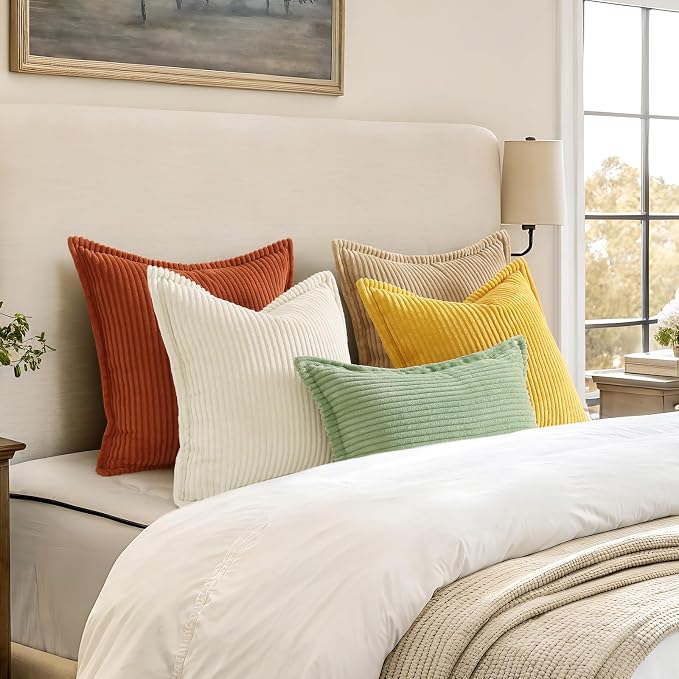 decorUhome Fall Corduroy Sage Green Throw Pillow Covers 12x20 Set of 2 | Lumbar Couch Decorative Soft Modern Boho Farmhouse Pillow Covers Broadside Striped Pillow Cases for Living Room Bed Sofa