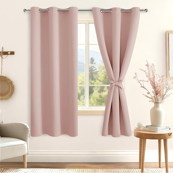 Hiasan Blackout Curtains for Bedroom, 42 x 63 Inches Length - Thermal Insulated Noise reducing Window Curtains for Living Room, 2 Drape Panels Sewn with Tiebacks, Blush