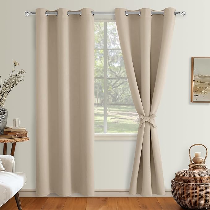 Hiasan Blackout Curtains for Bedroom, 38 x 84 Inches Long - Thermal Insulated & Light Blocking Window Curtains for Living Room, 2 Drape Panels Sewn with Tiebacks, Taupe