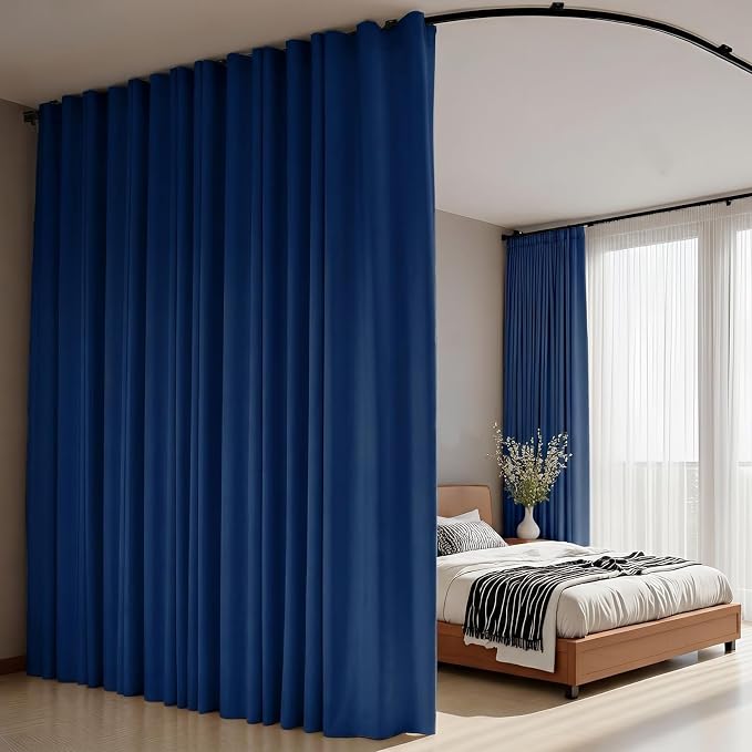 Room Divider Curtains Flexible Ceiling Tracks Set Curtain Track Ceiling Mount Blackout Curtain for Living Room Bedroom Ceiling Curtain Rod Privacy Dividers Panels W100xH84 Navy Blue Drape&Black Rail