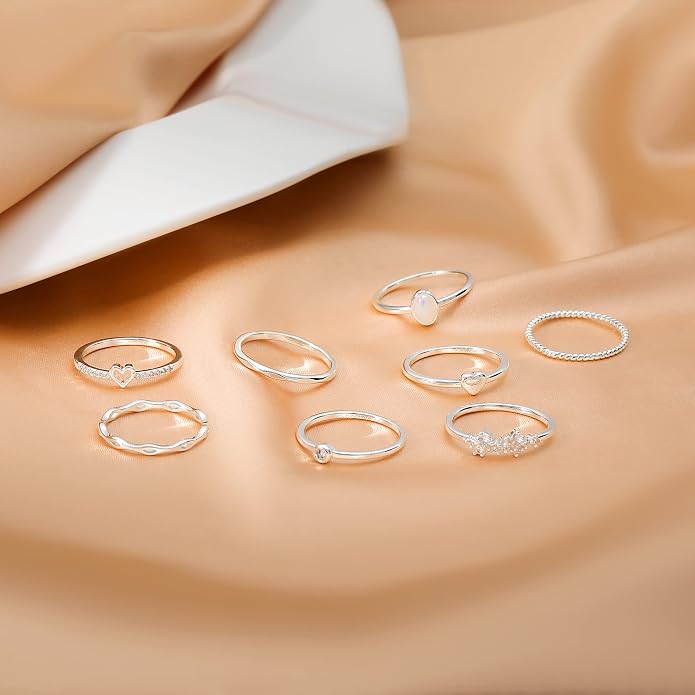 RLMOON 8-12PCS 14K Gold Ring Set for Women Non Tarnish Dainty Silver Rose Gold Thumb Stackable Stacking Rings Heart CZ Pinky Rings Plain Band Size 4-12