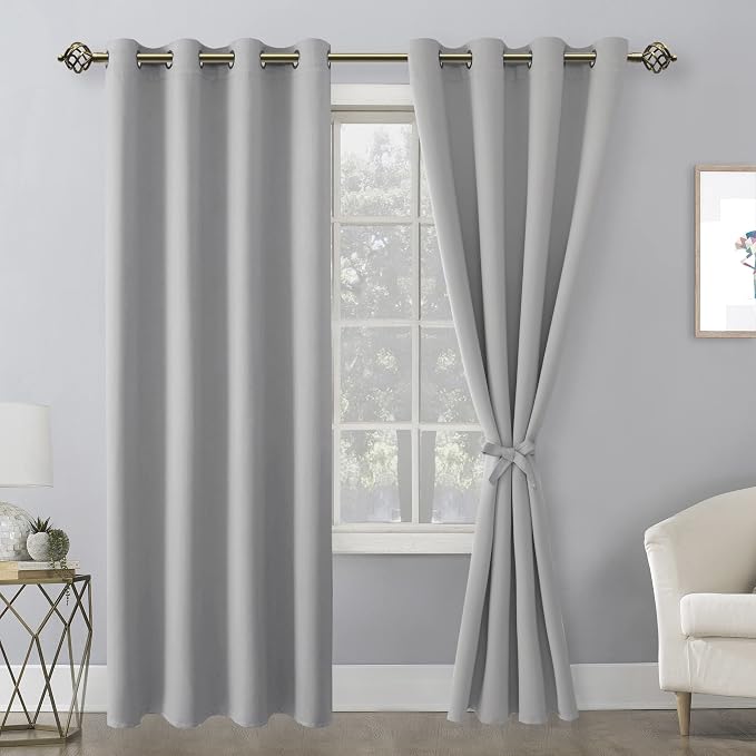 Hiasan Blackout Curtains for Bedroom, 52 x 84 Inches Long - Thermal Insulated & Light Blocking Window Curtains for Living Room, 2 Drape Panels Sewn with Tiebacks, Silver Grey