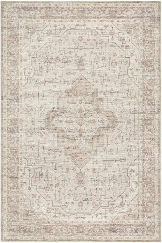 Rugxara 5X7 Washable Area Rug for Living Room, Vintage Neutral Large Boho Rugs for Office, Dining Room, Kids Room, Farmhouse, Durable Low Pile Non Slip Carpet for High Traffic Areas, Light, Cream