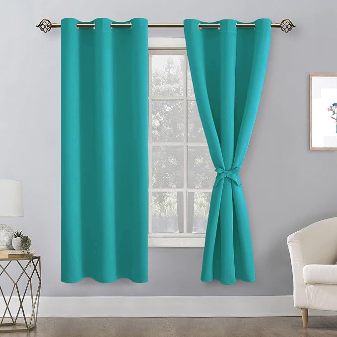 Hiasan Room Darkening Window Curtains for Bedroom, Thermal Insulated, Energy Saving Blackout Curtains, Set of 2 Panels, Sewn with Tiebacks, Grommet Top (Peacock Teal, Width 38 Inch x Length 63 Inch)