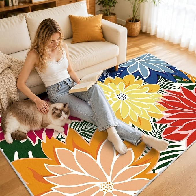 ZonLi Colorful Outdoor Rug 5x8Ft Waterproof Multicolored Indoor Area Rug Washable Outdoor Patio Rugs Tropical Floral Non Slip Outdoor Carpet for Living Room, Pool,Backyard,Deck,Camping