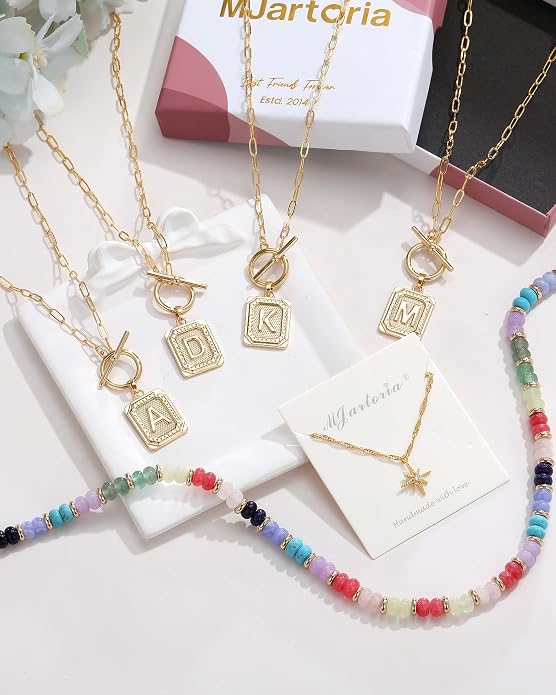 MJartoria Layered Initial Necklaces for Women Trendy, 14K Gold Plated Brass Simple Star Choker Square Letter Pendant Necklace, Colorful Beaded Necklaces Jewelry Gifts