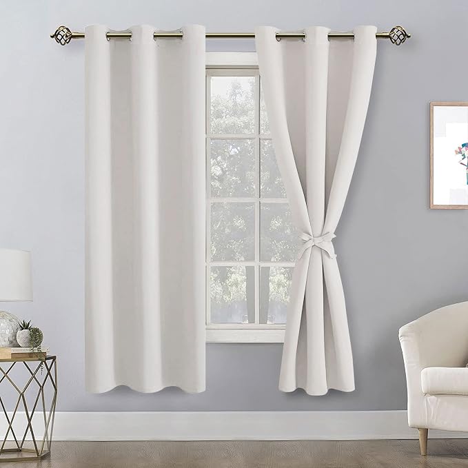 Hiasan Blackout Curtains for Bedroom, 42 x 63 Inches Length - Thermal Insulated & Light Blocking Window Curtains for Living Room/Kids Room, 2 Drape Panels Sewn with Tiebacks, Ivory