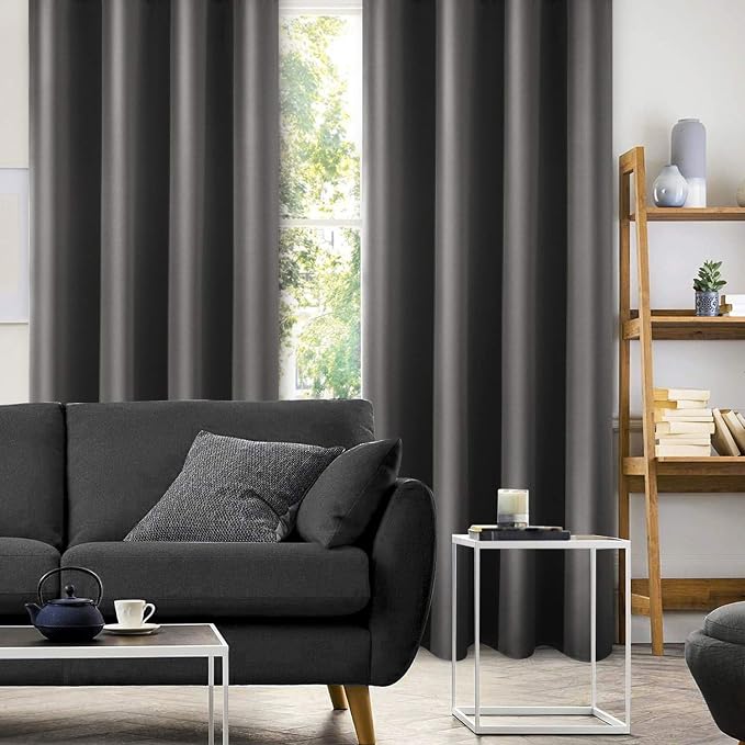 HOMEIDEAS 2 Panels Dark Grey Faux Silk Blackout Luxury Curtains, 52 X 96 Inch Room Darkening Satin Thermal Insulated Window Drapes for Bedroom Decor, Indoor