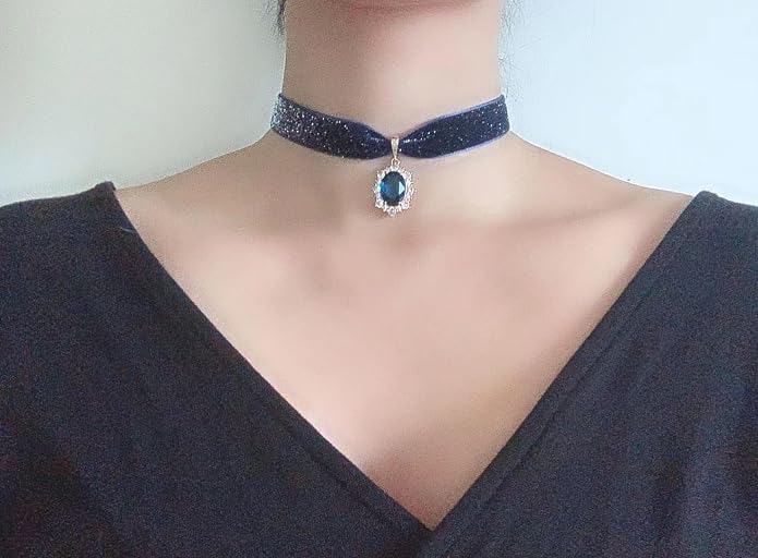 MOMOCAT 14K Gold Plated Sapphire Imitation Velvet Choker Necklace for Women Thick Chokers Birthstone Chocker Vintage Pendant Necklaces Chockers for Women Teen Girls Princess Costume Jewelry Aesthetic
