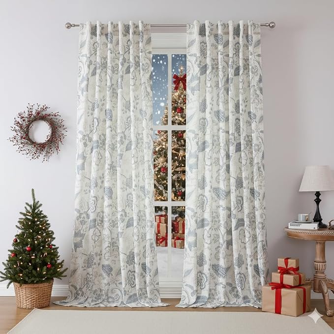 Kayne Studio Blue Grey Curtain Panels Linen Textured Botanical Leaf Print Floral Farmhouse Linen Curtain Drapes Light Filtering Window Treatments Living Room Bedroom Rod Pocket Back Tab,52"x108"x2