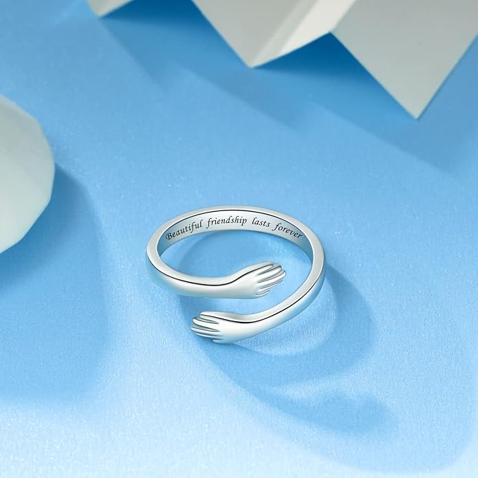 S925 Sterling Silver Hug Rings for Women Teen Girls Adjustable Ring for Granddaughter Daughter Hope Promise Friendship Hand Ring Jewelry for Birthday Graduation Christmas Mothers Day Valentines Gifts