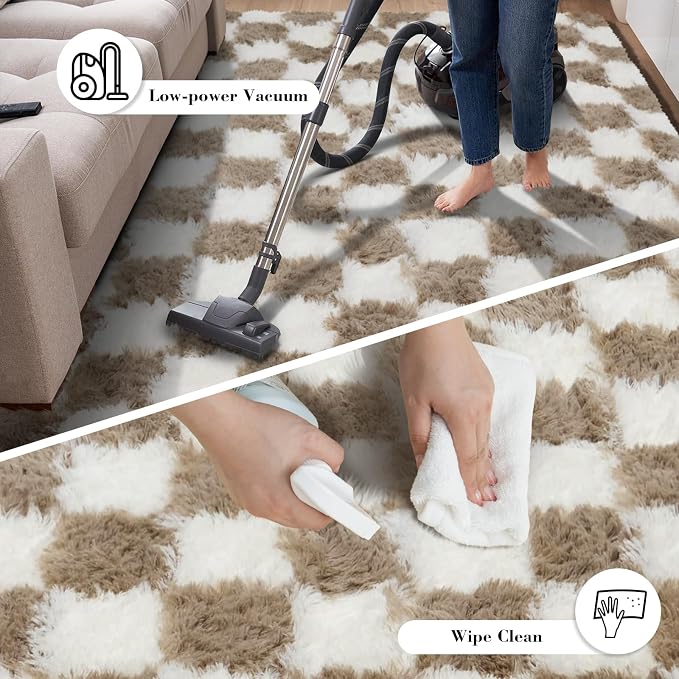 Checkered Rug for Bedroom, 5x8 Beige and White Area Rugs, Classic Checkered Carpets Shag Area Rug, Bedside Rugs for Living Room Bedroom Room Home Decor