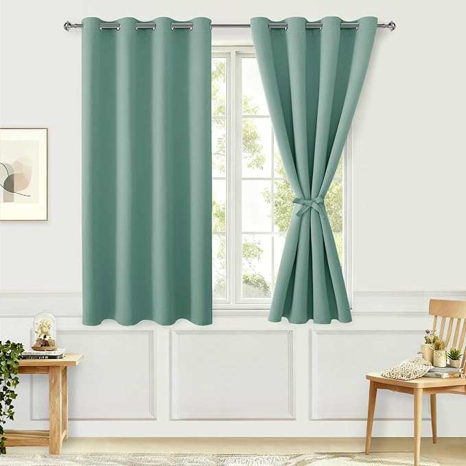 Hiasan Blackout Curtains for Bedroom, 52 x 54 Inches Long - Thermal Insulated & Light Blocking Window Curtains for Living Room, 2 Drape Panels Sewn with Tiebacks, Sage Green