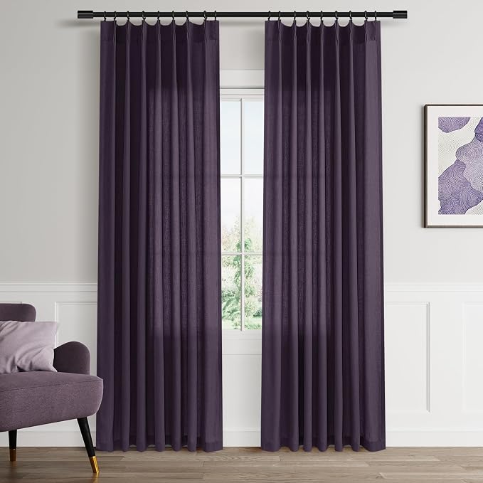 Aersas Plum Pinch Pleated Linen Curtains 84 Inch Length 2 Panels for Living Room Bedroom Semi Sheer Window Curtain Boho Neutral Back Tab Pinch Pleat Drape with Hooks 40x84