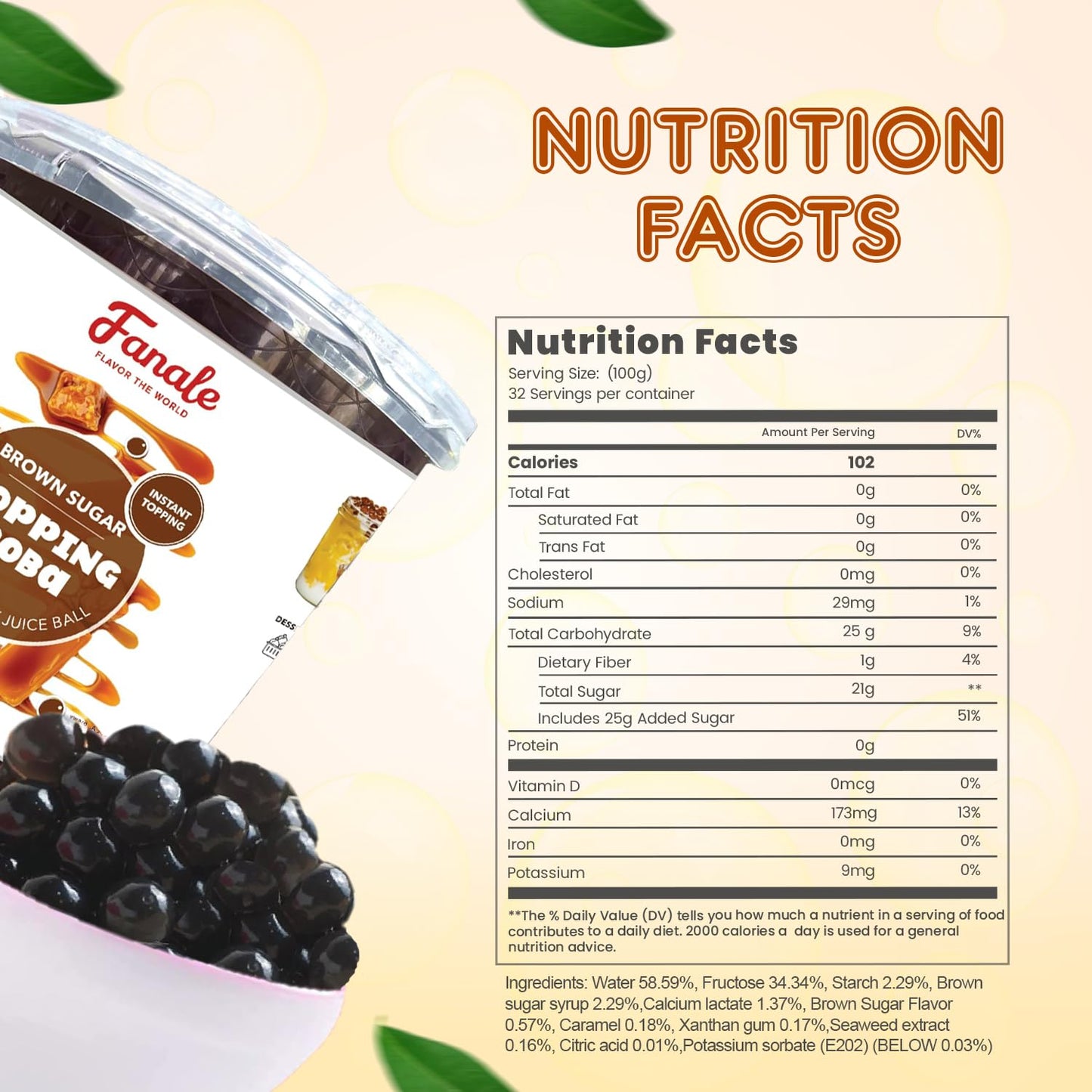 Fanale Brown Sugar Popping Boba Pearls, Vegan, Non GMO, Gluten Free, Fat Free, Perfect for Bubble Tea, Smoothies, Ice Cream, Desserts, and Beverages.