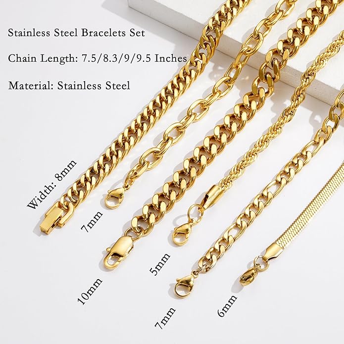 Zocomi 6 Pcs Chain Bracelet for Men, Stainless Steel Cuban Curb Link Rope Paperclip Figaro Herringbone Chain Bracelets Set Jewelry Gifts for Man Woman Boys 7.5/8.3/9 Inches