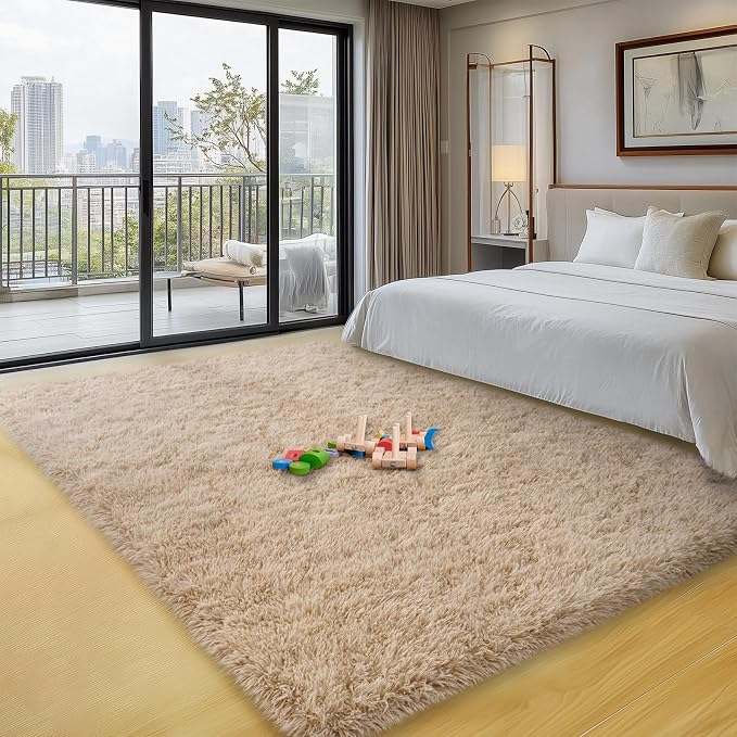 qulint 3x5 Area Rug for Bedroom, Fluffy Soft Shag Bedside Rug Fuzzy Tan Small Area Rug for Nursery, Plush Shaggy Carpet for Boys and Girls Dorm Kid Room Living Room Home Decor (3ft x 5ft, Light Tan)