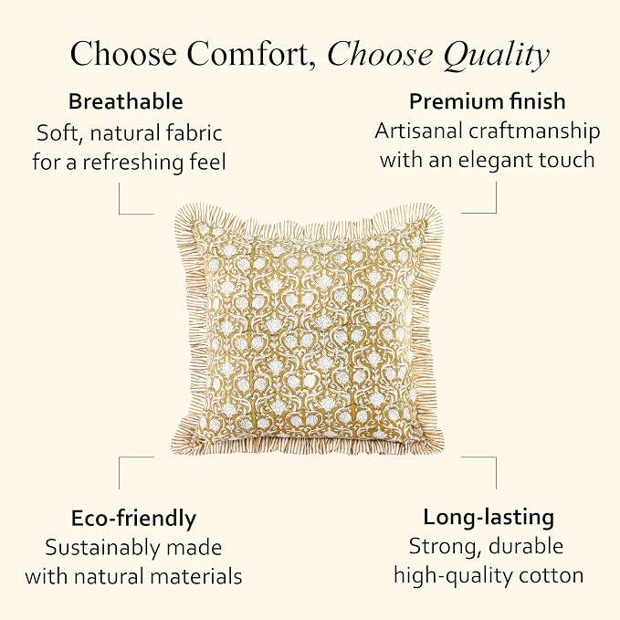 CPC Block Print Ruffle Throw Cover Mustard Regal 20"x20" Inch Pack of 2-100% Cotton Ruffle Couch Decorative Boho Pillows Case for Living Room, Bedroom, Sofa, Farmhouse Gift for Spring, Mother's Day