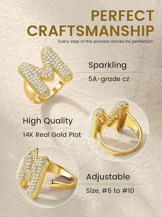 KeyStyle Bold Initial Letter Rings Adjustable, GoldChic Jewelry Women Gold Statement Ring Personalized Engraved Women’s Open Signet Ring for Party (Gold, White Gold, Black)