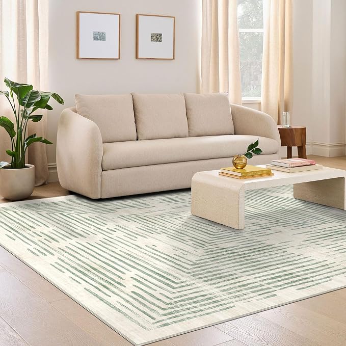 BLISSA Large Washable Area Rugs 9x12 - Soft Sage Green Lines Borderd Modern Abstract Rug for Living Room Ultra-Thin Geometric Striped Carpet for Bedroom Nursery Dining Room Office Home Decor