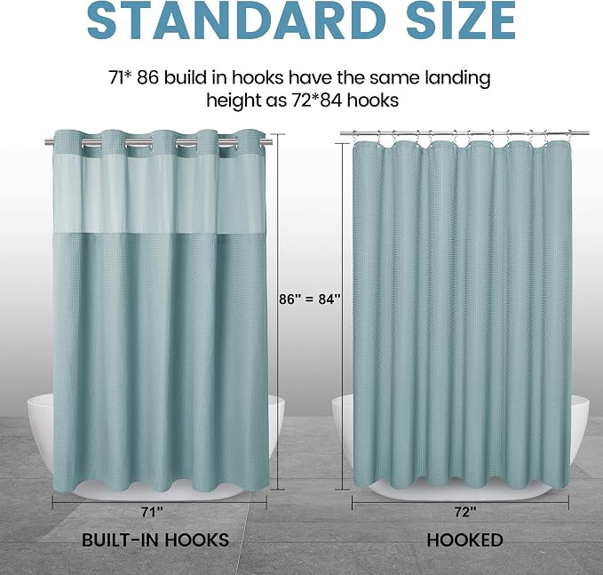 EUTXL Heavyweight Fog Blue Long No Hook Shower Curtain with Snap in Liner,256GSM Waffle Weave Shower Curtains for Bathroom,71W x 86H