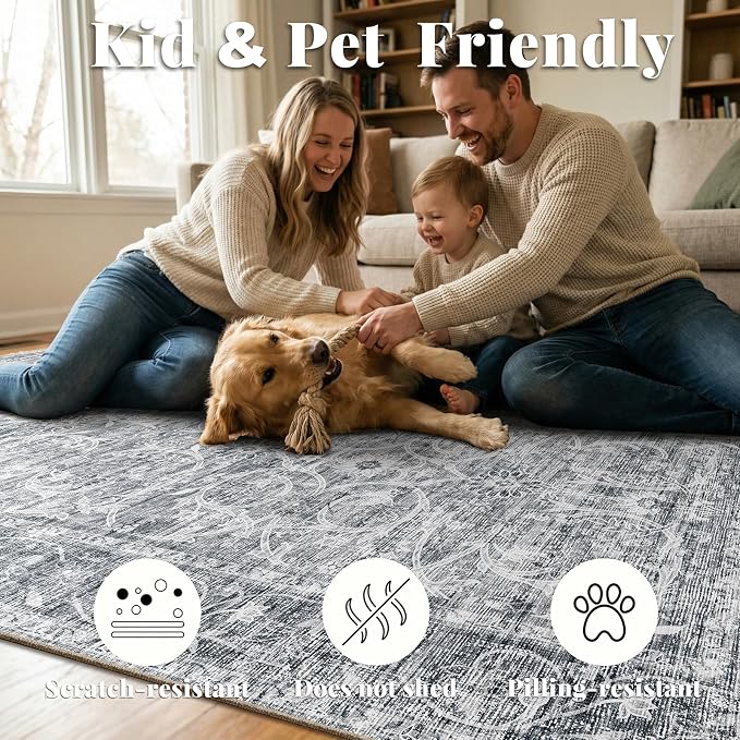 Washable Rugs for Living Room: 6x9 Area Rugs for Bedroom Ultra Soft Non-Slip Stain Resistant Vintage Boho Large Carpet for High-Traffic Dining Room - Farmhouse Decor