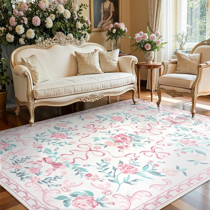 Collive Pink 8X10 Rugs for Living Room, 8x10 Bow and Floral Washable Area Rug Non Slip, Soft Boho Indoor Decor Elegant Carpet for Bedroom Kids Room Nursery Dining Room