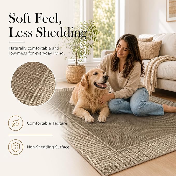 Moynesa Easy Jute Outdoor Rug 4x6, Brown Striped Border Washable Indoor Outdoor Patio Area Rugs, Farmhouse Neutral Non Slip Carpet for Living Room Bedroom Backyard