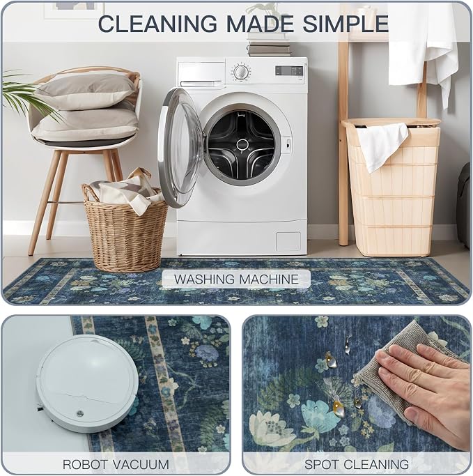 6x9 Floral Washable Area Rug, Blue Floral | Living Room,Low Pile Non Slip Girls Carpet Non-Shedding Soft Indoor Stain Resistant Vintage Kids Mat for Bedroom Dining Room