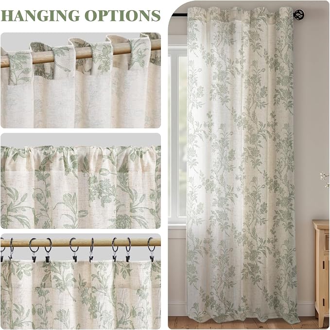 Sage Green Floral Curtains 84 Inch, Light Filtering Linen Texture Drapes 2 Panels, Farmhouse Vintage Curtains for Bedroom Living Room Rod Pocket