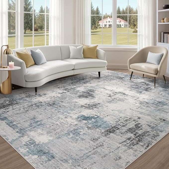 Abstract 5x7 Area Rug: Machine Washable Non Slip Ultra Thin Low-Pile Carpet, Soft Stain Resistant for Living Room Bedroom Nursery, Kid Pet Friendly, Robot Vacuum Compatible - Grey Blue