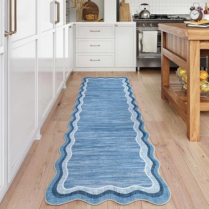 Garvee Washable Runner Rug 2x6 Scalloped Rugs for Bathroom Modern Kitchen Hallway Rugs Stain-Resistant Non-Slip Solid Rug Soft Scalloped Entryway Carpet Runner for Bathroom Laundry Bedside(Blue,2x6ft) | Modern Long Runner Rug for Entryway Bedroom, Non ...