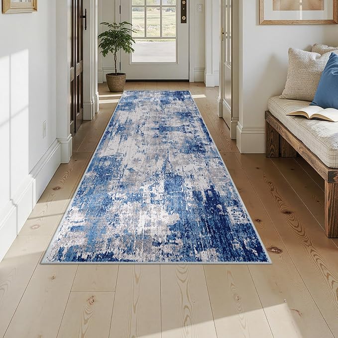 RELEANY Washable Area Rugs 3x9 Non-Slip Modern Abstract Soft for Living Room Entryway Bedroom Kitchen, Print Pattern, Blue Grey Navy Gray