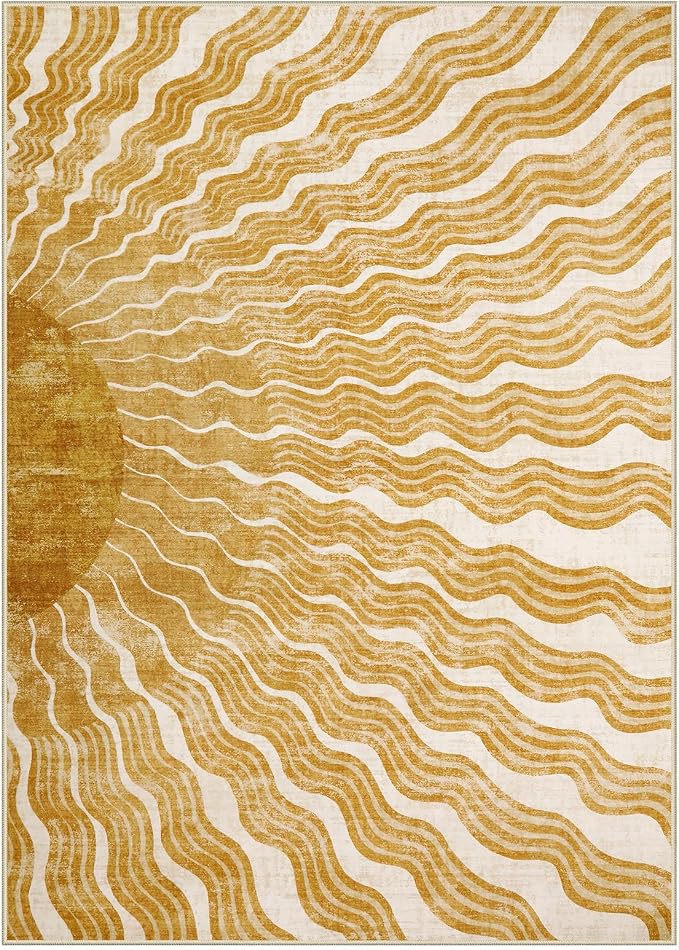 Hedlive Boho Washable Rugs 5x7, Sun Print Soft Nursery Rug for Bedroom Classroom, Ultra-Thin Non Slip Stain Resistant Kids Carpet for Living Room Office(5'x 7',Gold/Multi)