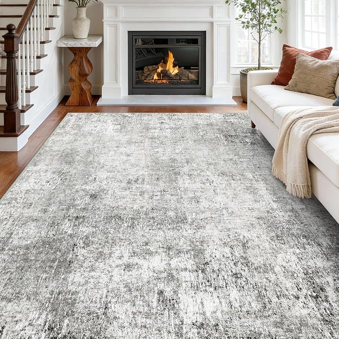 RELEANY Washable Area Rugs 7'x9' Non-Slip Modern Abstract Soft for Living Room Entryway Bedroom Kitchen, Print Pattern, Gray White Grey