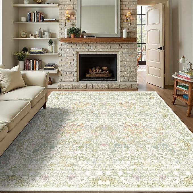 Sage Green Boho Area Rugs for Bedroom Aesthetic 8x10 - Washable Floral Farmhouse Large Rug for Living Room, Dining Room Under Table, Nursery - Soft Cottage Core Carpet with Low Pile & Non Slip