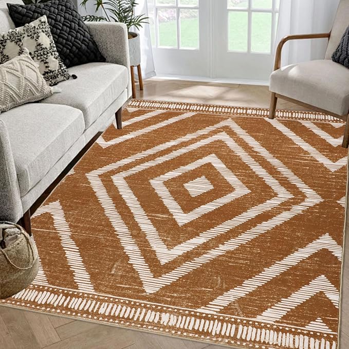Boho Area Rugs 4x6ft Non Slip, Brown Washable Rug for Living Room, Soft Bedroom Carpet, Low Pile Moroccan Area Floor Carpets for Dining Room Kids Nursery Farmhouse