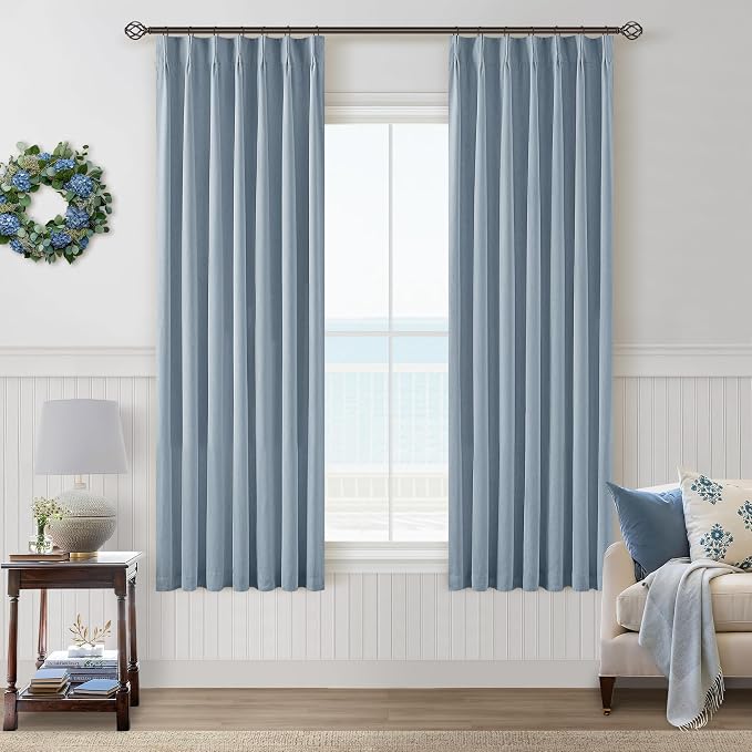 Dusty Blue 100% Black Out Pinch Pleated Linen 63 Inch Curtains with Liner | Memory Trained, Thermal Insulated, Heat Blocking, Blackout Curtains for Small Window Dining Room Bedroom 2 Panels W40xL63