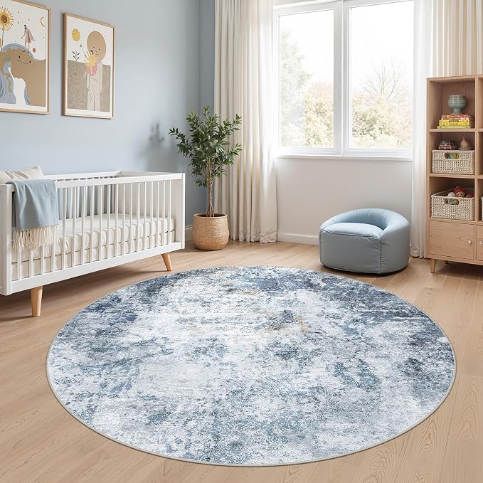 DMOYEST 6ft Round Area Rug for Living Room - 6x6 Washable & Non Slip Circle Rug, Kid & Pet Friendly Soft Low Pile Abstract Carpet for Bedroom and Dining Room - Blue