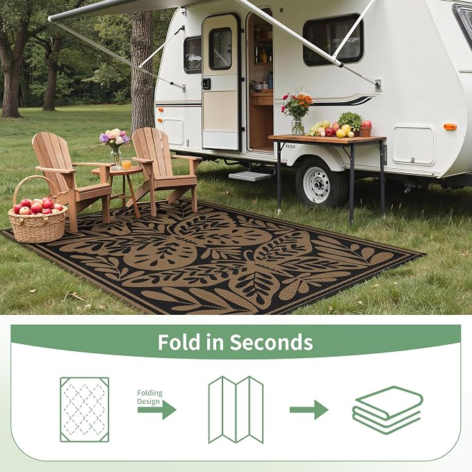 GENIMO Outdoor Rug, Waterproof Plastic Rugs for Patio, 5'x8' Black | Outside Larger Leaf Carpet Mat for Porch Decor, Deck, Balcony, Camping, RV, Backyard, Picnic, Beach, Reversible, Foldable