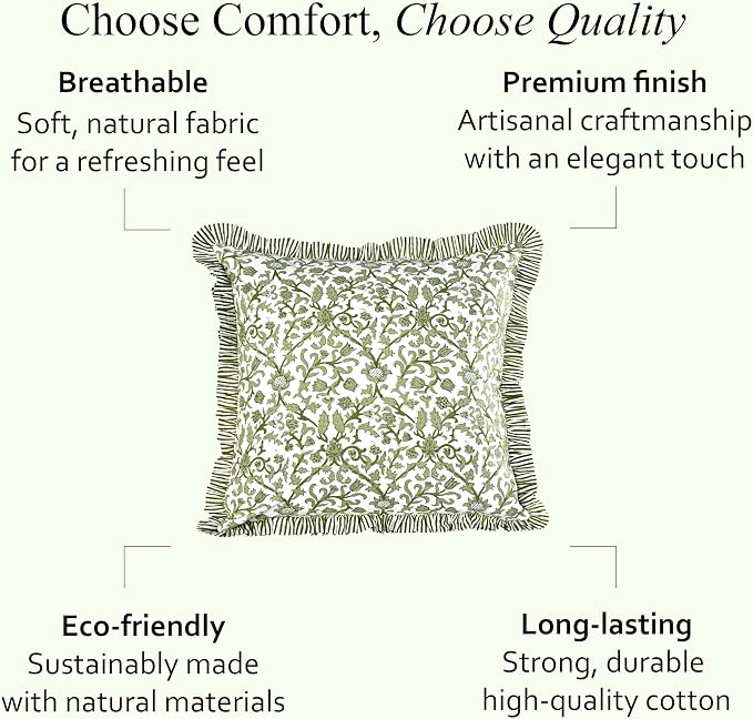 CPC Meadow Vine Hand Block Print 100% Cotton Ruffle Throw Pillow Cover 24x24 inch with Hidden Zipper Decorative for Couch, Bed, Sofa, Farmhouse, Cottagecore Decor Gift Christmas Fall Thanksgiving
