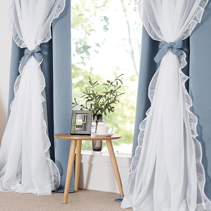 PONY DANCE Girls Curtains for Bedroom Decorative Drapes for Kids Double Layer Curtain Ruffle Sheer Overlay Room Darkening Pretty Chic Princess, 52x108 inch, Pigeon Blue, 2 PCs