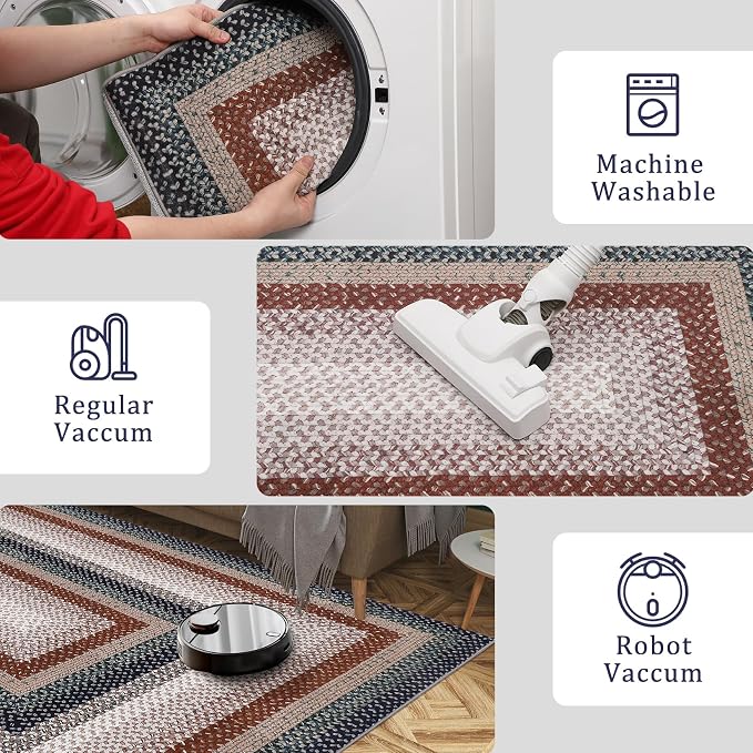 RUGSREAL Braided Washable Area Rug 8x10 Large Rug for Living Room Modern Braid Bedroom Rug Non Slip Stain Resistant Dining Room Throw Carpet Soft Farmhouse Accent Carpet for Home Decor, Olive/Brown
