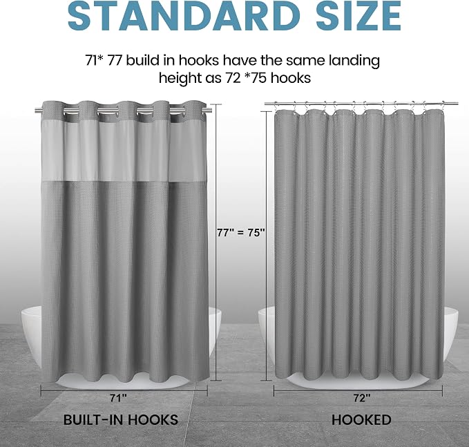 EUTXL Heavyweight Long No Hook Shower Curtain with Snap in Liner,256GSM Waffle Weave Shower Curtains for Bathroom,71W x 77H(75"),Grey
