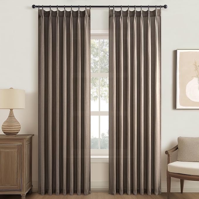 96 Inches Long Pleated Sheer Curtains,Dark Linen Blended Light Filtering Window Curtains 96 Length 2 Panels for Living Room Bedroom Pinch Pleat Drapes with Hooks 2 Panels 40" Wx96 L,Light Brown