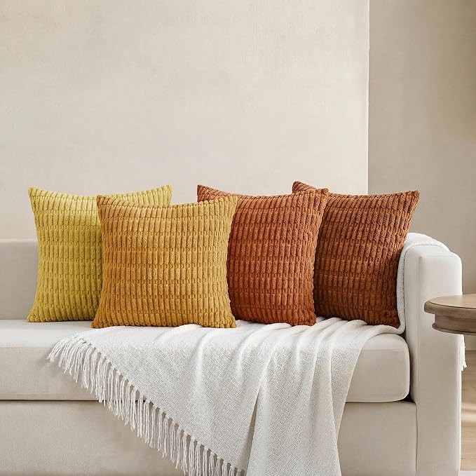 Softalker Fall Throw Pillow Covers 18x18 Inch, Set of 4, Corduroy Soft Striped Farmhouse Boho Pillow Cover, Modern Farmhouse Boho Autumn Home Decor for Living Room Bed Sofa(NO Inserts), Orange/Rust