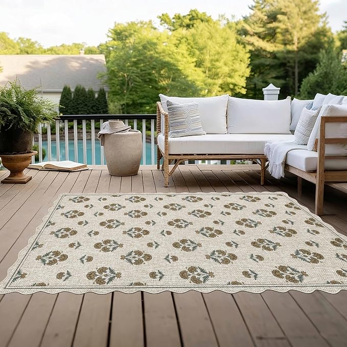 ORTIGIA Scalloped Easy Jute 3x5 Area Rug Vintage Yellow Block Floral Farmhouse Washable Rug Non-Slip Indoor Outdoor Carpet for Living Room Bedroom Kitchen Patio Entryway
